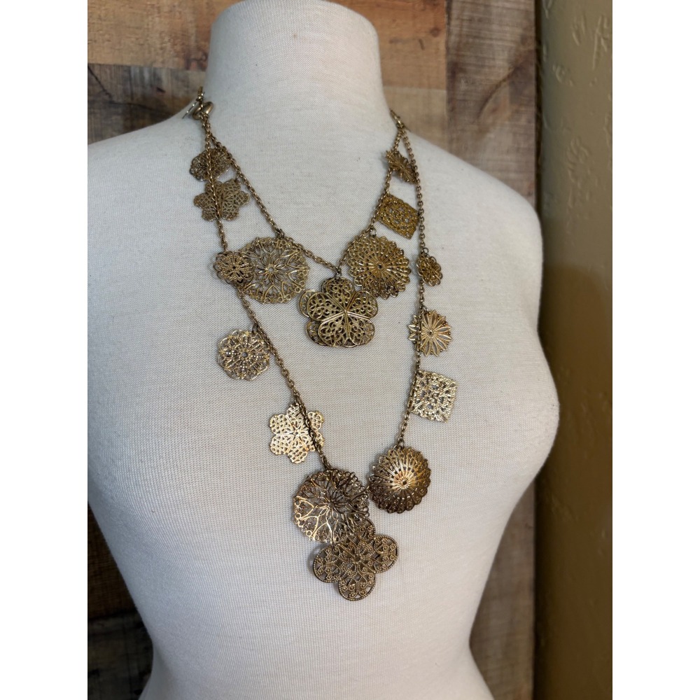 Antiqued Gold Filigree Layered Statement Necklace Floral Mandala Boho